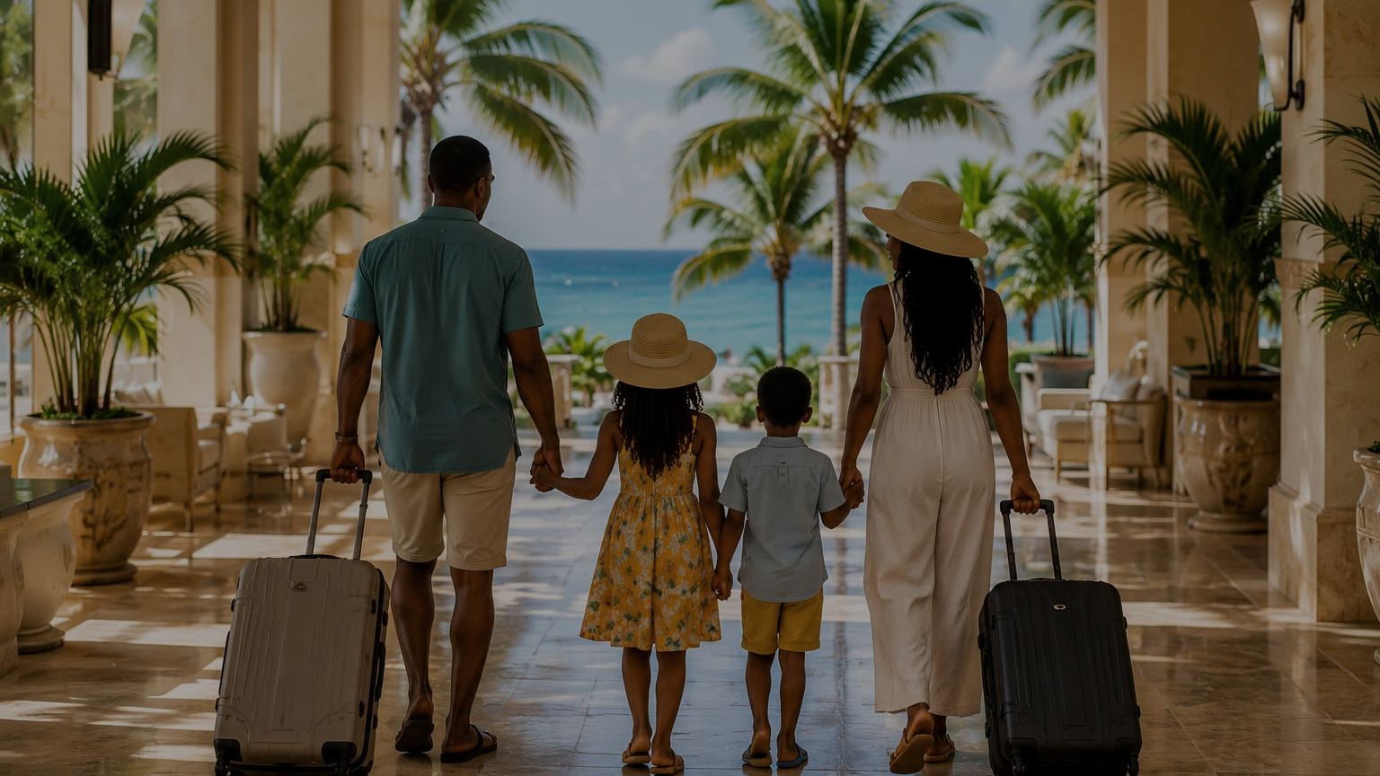 A family arriving at their resort with the sea ahead of them