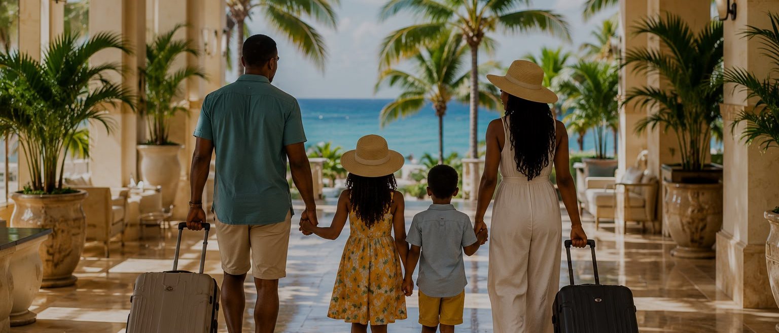 A family arriving at their resort, walking towards the sea