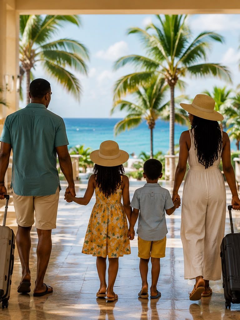 A family walking through the resort lobby towards the sea
