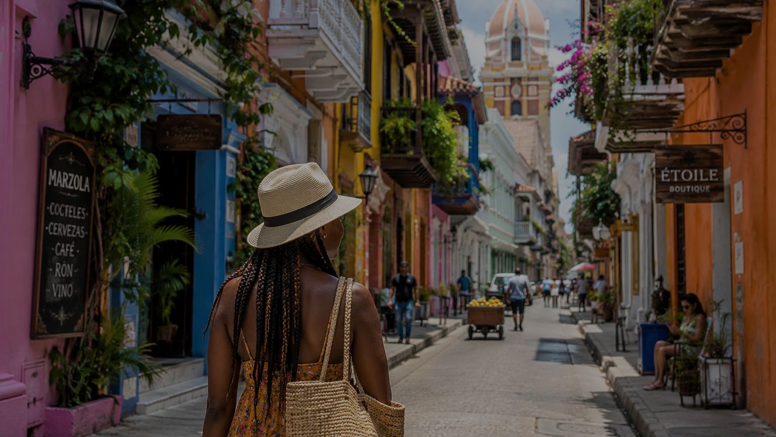 A traveller walking a colourful colonial street