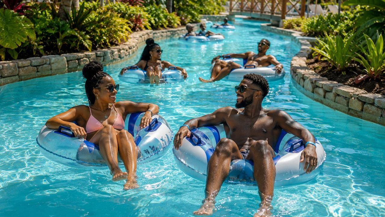 Guests floating on the lazy river at a Trelawny resort