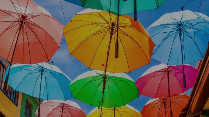 Colourful umbrella-lined street, Colombia