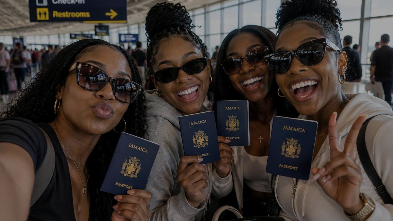 Four friends holding Jamaican passports at the airport
