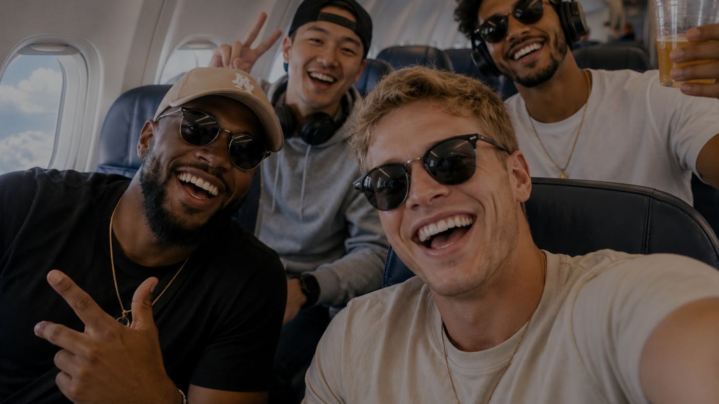 Friends travelling together on the flight out