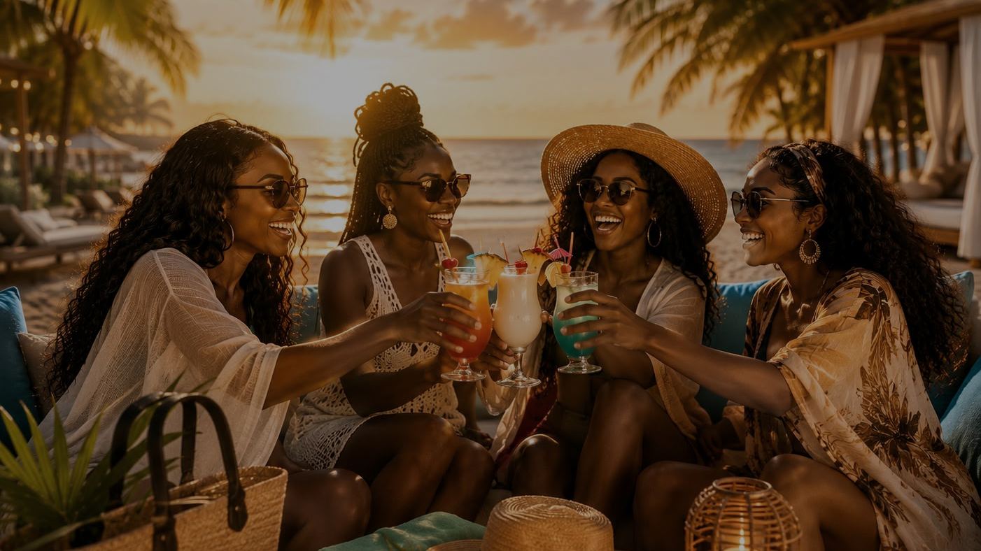 Friends celebrating together on the beach at sunset
