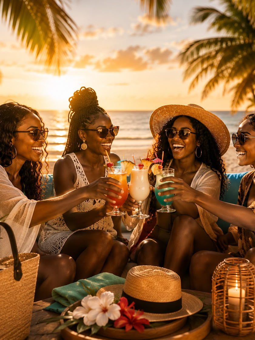 Four friends raising a toast on the beach at sunset